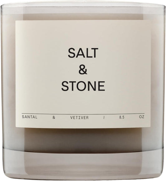 Salt & Stone Scented Candle for Women & Men | Coconut & Soy Blend Wax | Hand-Poured, Aromatic & Fragrant | 100% Cotton Wick | Long-Lasting 50 Hour Burn Time | Santal & Vetiver 8.5 oz