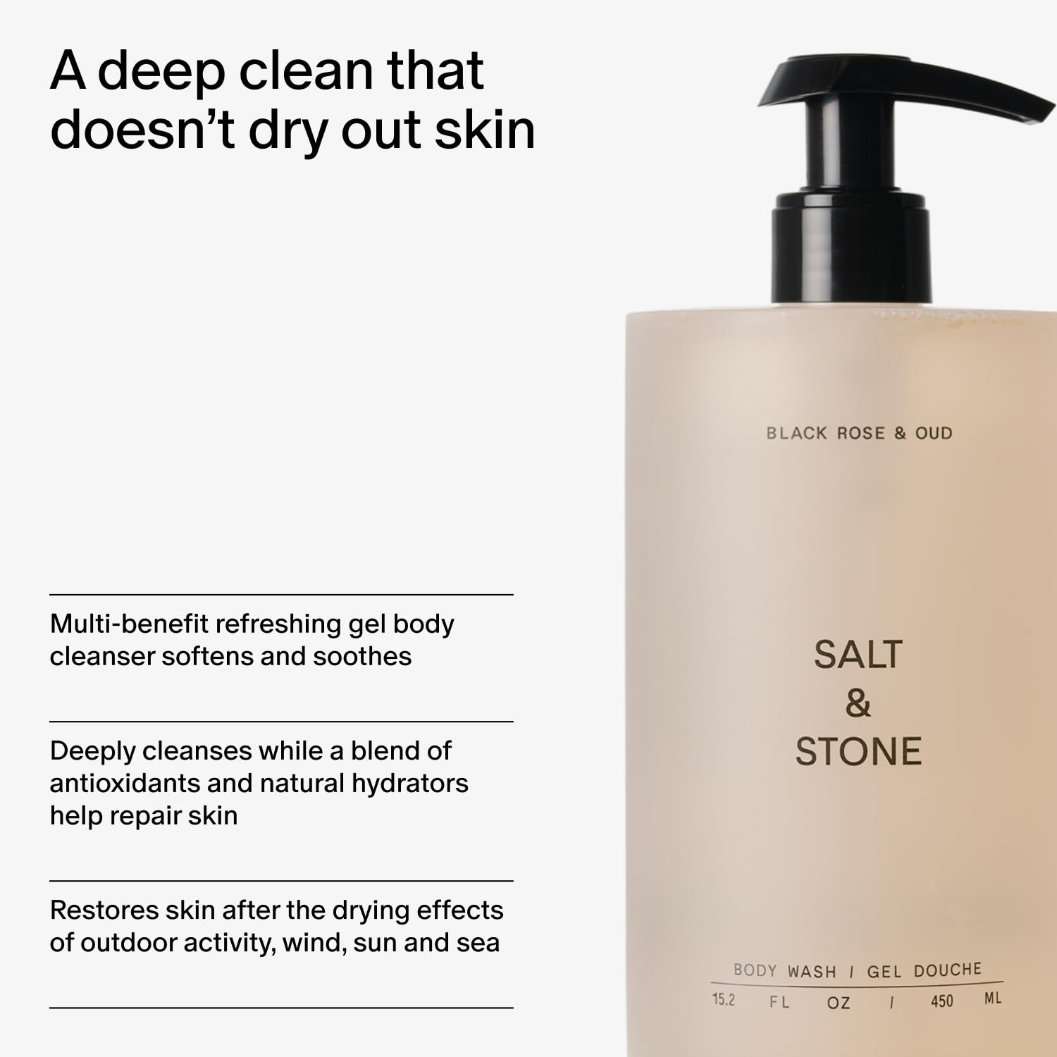 Salt & Stone Body Wash with Antioxidants for Deep Moisture | For Women & Men, Sulfate, Paraben, & Dye Free, Leaving Skin Soft and Hydrated | Black Rose & Oud Refill 32 fl oz