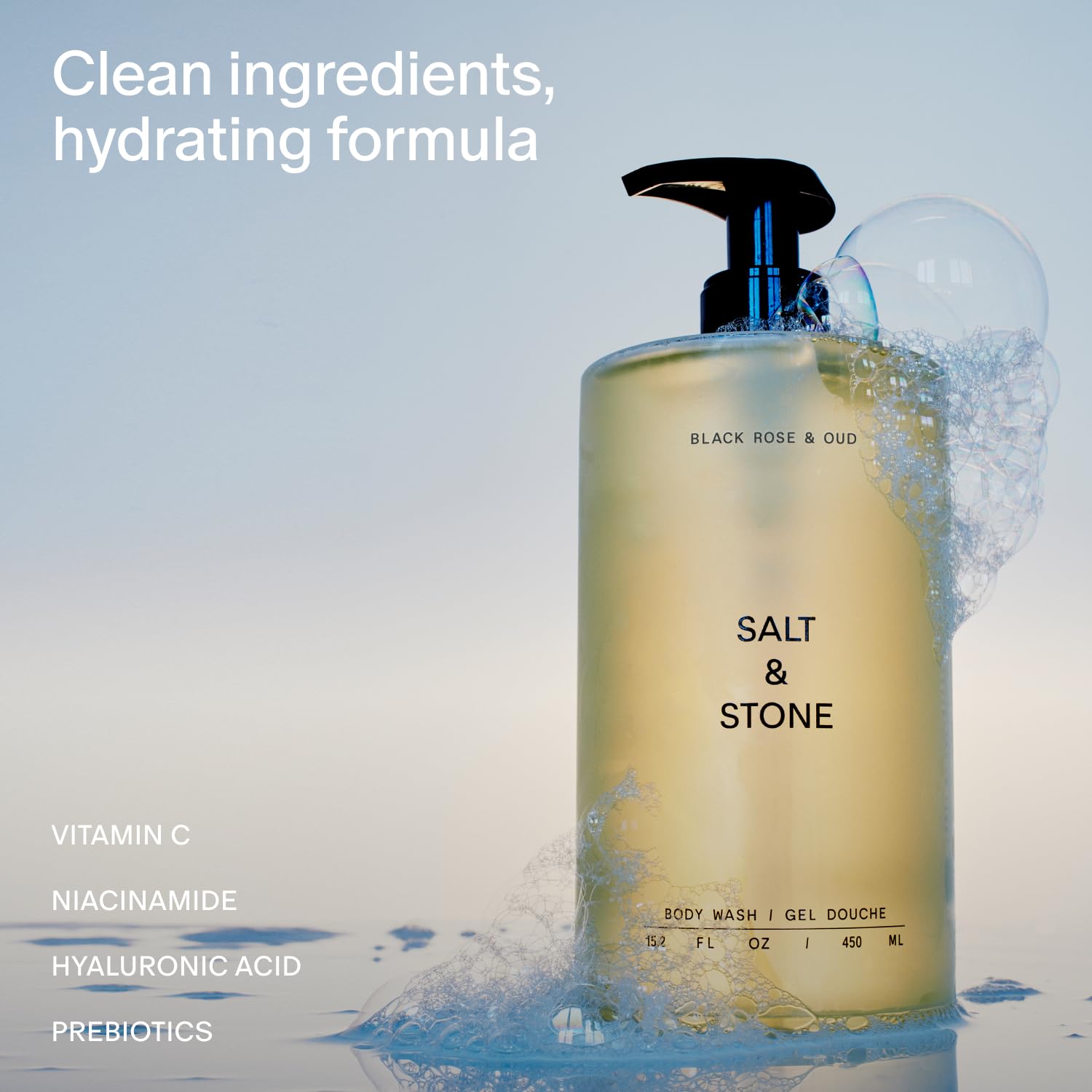 Salt & Stone Body Wash with Antioxidants for Deep Moisture | For Women & Men, Sulfate, Paraben, & Dye Free, Leaving Skin Soft and Hydrated | Black Rose & Oud Refill 32 fl oz