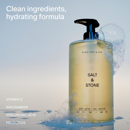 Salt & Stone Body Wash with Antioxidants for Deep Moisture | For Women & Men, Sulfate, Paraben, & Dye Free, Leaving Skin Soft and Hydrated | Black Rose & Oud Refill 32 fl oz