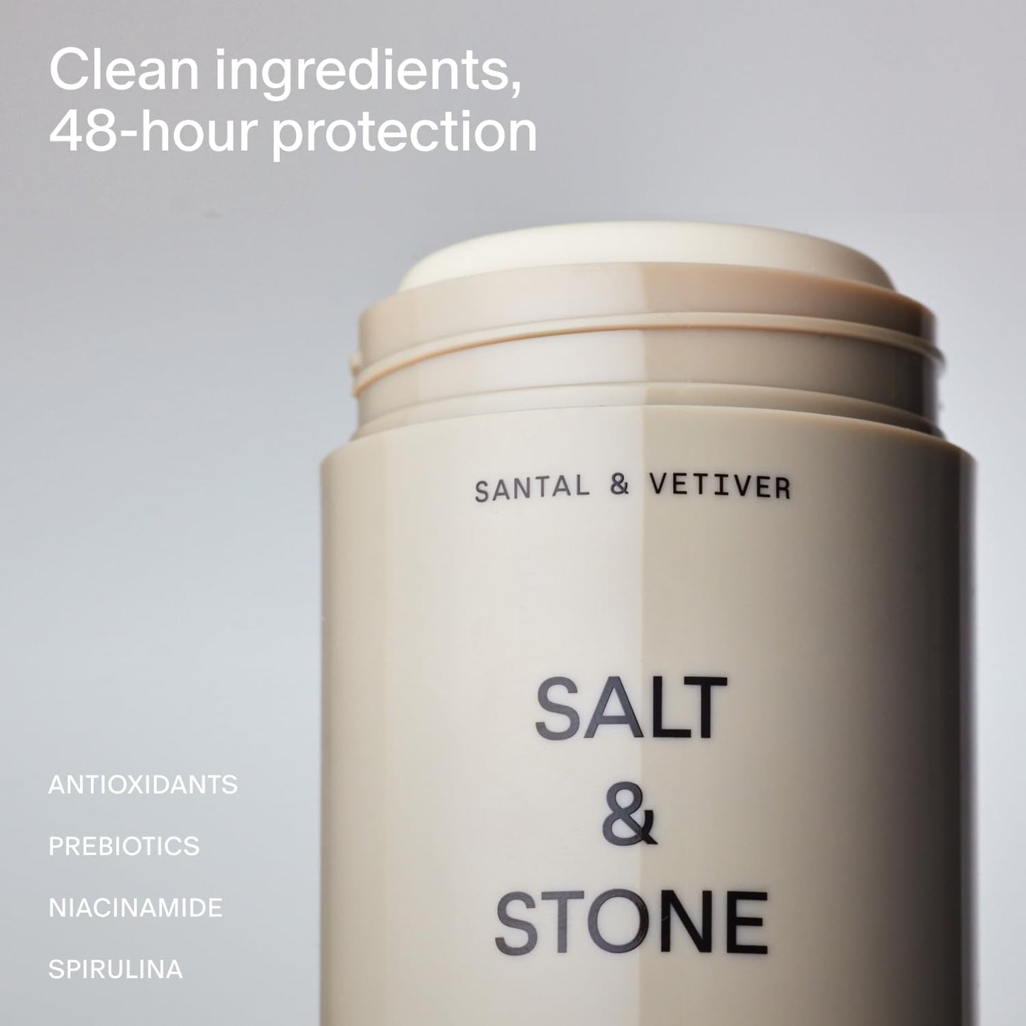 Salt & Stone Aluminum Free Deodorant | Extra Strength 48 Hour Protection for Women & Men | Made with Seaweed Extracts, Niacinamide & Prebiotics | Santal & Vetiver