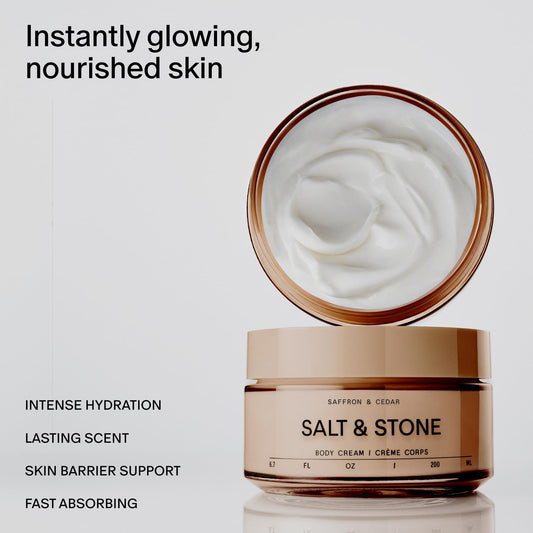Salt & Stone Body Cream | Hydrating Formula with Seaweed Extracts, Spirulina & Squalane | Deep Hydration, Skin Barrier Support & Healthy Glow | For all Skin Types | Saffron & Cedar 6.7 fl oz